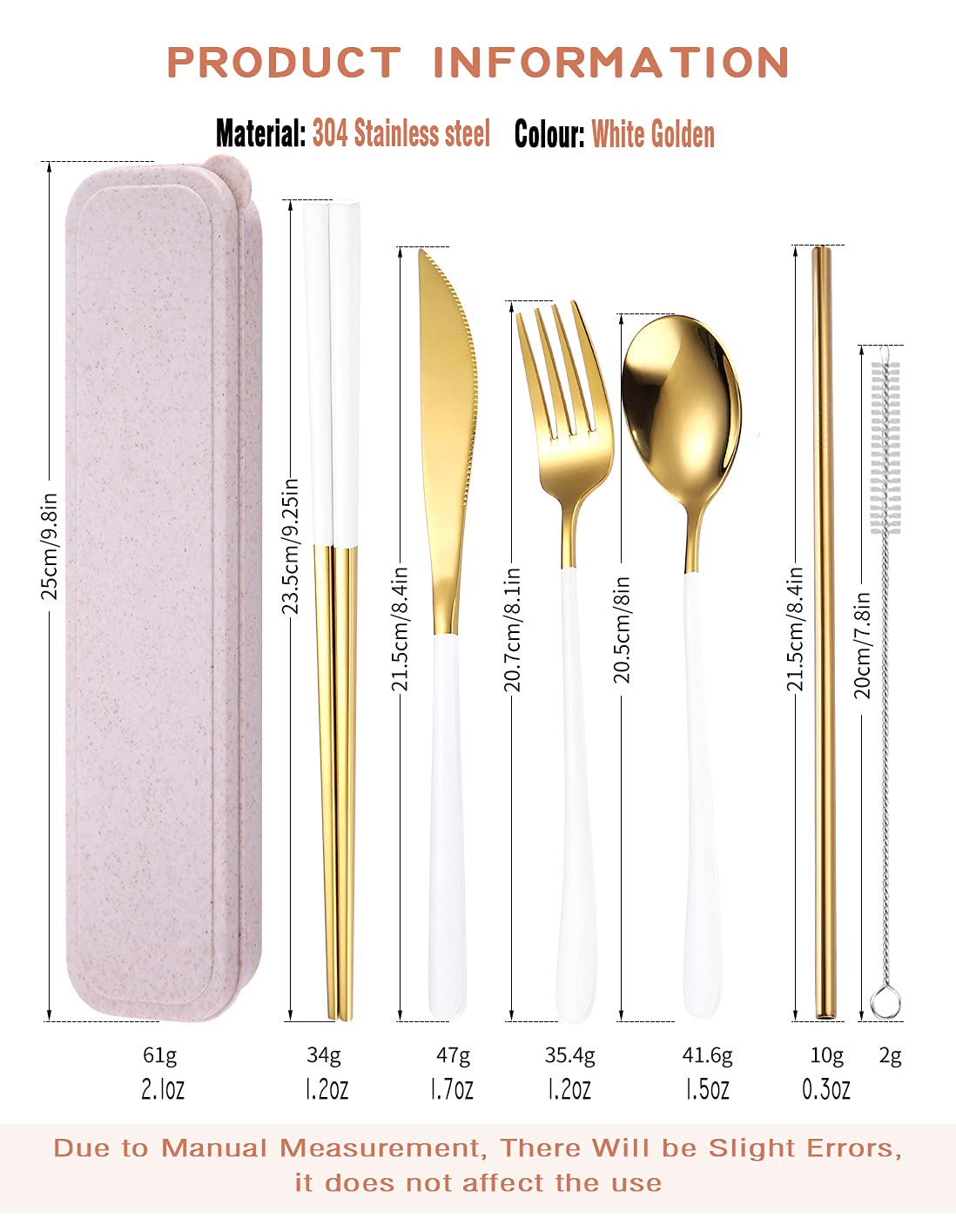AARAINBOW 6 Pieces 18/8 Stainless Steel Flatware Set Portable Reusable Cutlery Set Travel Utensils Set Including Chopsticks Knife Fork Spoon Straws Cleaning Brush Dishwasher Safe (White golden)