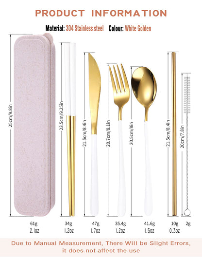 AARAINBOW 6 Pieces 18/8 Stainless Steel Flatware Set Portable Reusable Cutlery Set Travel Utensils Set Including Chopsticks Knife Fork Spoon Straws Cleaning Brush Dishwasher Safe (White golden)
