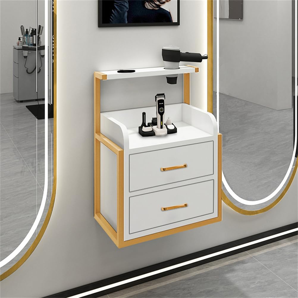 Wall Mounted Salon Cabinet with 2 Drawers, Hair Dryer Stand, Storage for Barber Shop, Facial Salon Station