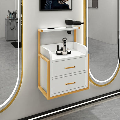 Wall Mounted Salon Cabinet with 2 Drawers, Hair Dryer Stand, Storage for Barber Shop, Facial Salon Station
