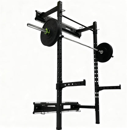 Fitvids Steel Folding Wall Mounted Power Rack Cage with Attachment Accessories - J Hooks and Height Adjustable Pull Up Bar