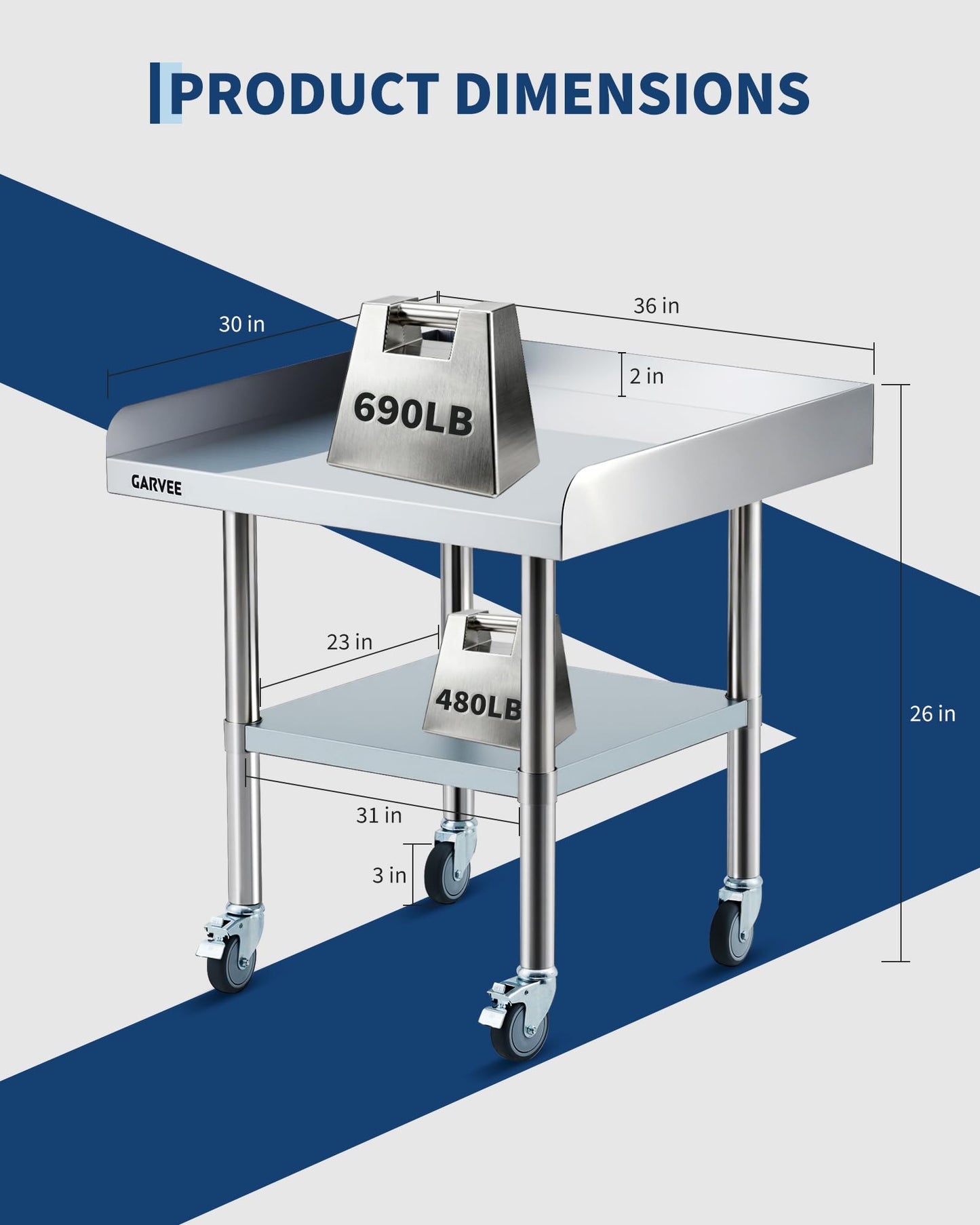 GarveeHome 30x36 Inch Stainless Steel Work Table with Wheels, Commercial Food Prep Table with 3-Sided Fixed Backsplash & Height-Adjustable Undershelf, Heavy-Duty Workbench for Restaurant Garage