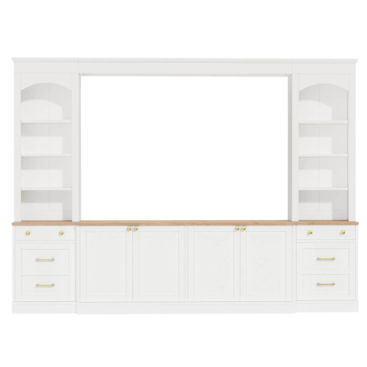 Merax Farmhouse 106-Inch Arched Entertainment Wall Unit Set with Adjustable Shelves, TV Stand for Televisions Up to 70'', Mid-Century Large Media Console with Drawers for Living Room, White