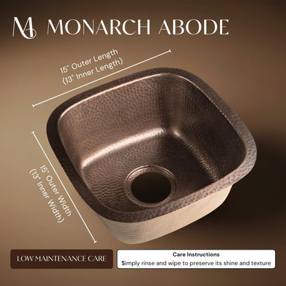 Monarch Abode Kitchen & Bar Sink – 15-inch Atlas Dual Mount Drop in Kitchen Sink, Hand Hammered Pure Copper Sinks, Drop in Bar Sinks or Undermount, Deep Single Bowl