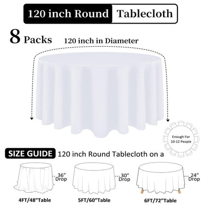 Heneger 8 Pack White Round Tablecloth 120 Inch White Table Cloth Stain and Wrinkle Resistant Reusable and Washable Polyester Fabric Table Covers for Buffet Wedding Party and Banquet