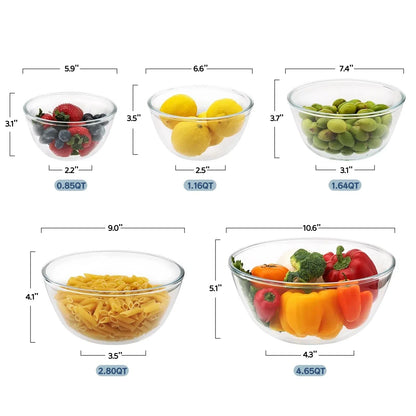 5pc Glass Mixing Bowls Sets (4.65QT, 2.80QT, 1.64QT, 1.16QT, 0.85QT), Glass Nesting Kitchen Thick Bowl for Baking, Cooking Prep, Storage, Large Salad Bowls Sets-Dishwasher Microwave Freezer Safe