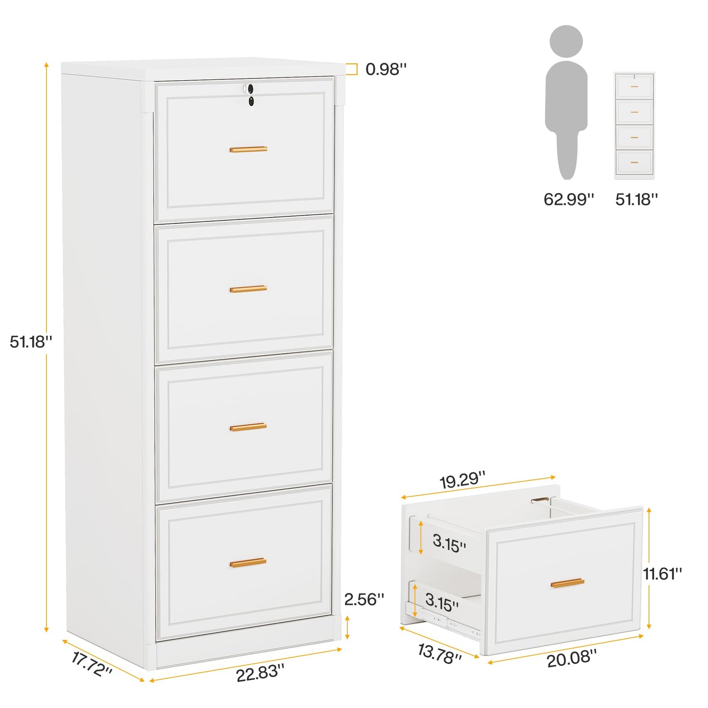 Tribesigns 4-Drawer File Cabinet with Lock, Locked File Cabinet with Key, Tall Wooden Filing Cabinets for Home Office, Vertical Office Storage for Legal Size/Letter/A4/Files, White