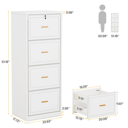 Tribesigns 4-Drawer File Cabinet with Lock, Locked File Cabinet with Key, Tall Wooden Filing Cabinets for Home Office, Vertical Office Storage for Legal Size/Letter/A4/Files, White