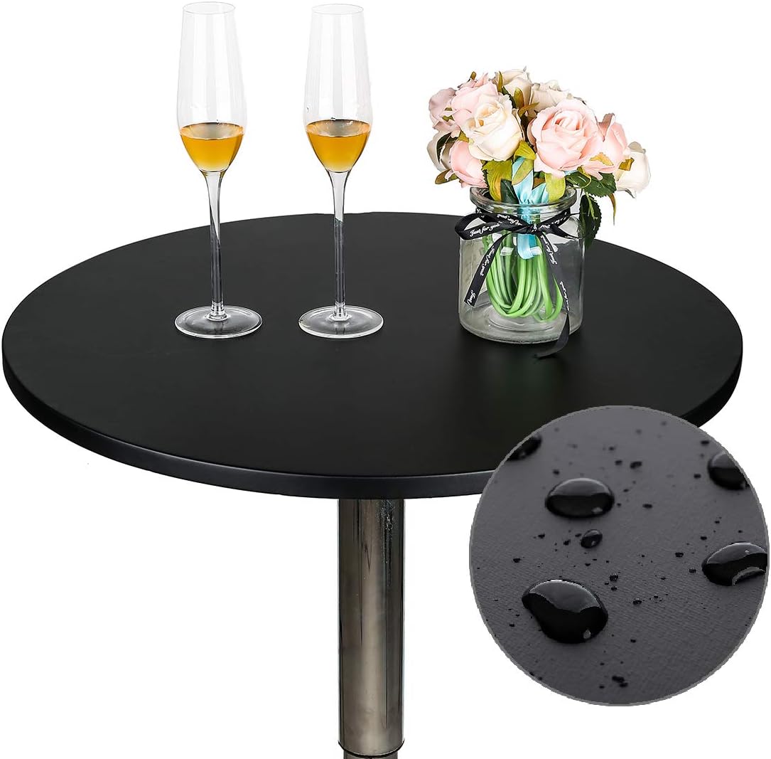 24 Inch JISEN Cocktail Waterproof Round Table Topper Cap Polyester Fitted Stretchable Tablecloth Cover D-Black