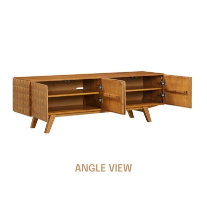NTC Sapa Mid-Century Modern Solid Wood TV Stand 4-Door Media Console with Carved Geometric Fronts for TVs up to 75", Effortless Assembly, Teak Look