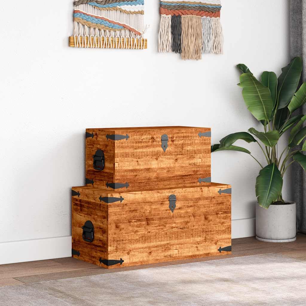 Vorpalize Rough Mango Wood Storage Chest Box Trunk, Rectangular Sturdy Blanket Chest, Set of 2, 13.8 x 27.6 x 13.8 in, Natural Brown Finish for Bedroom, Living Room