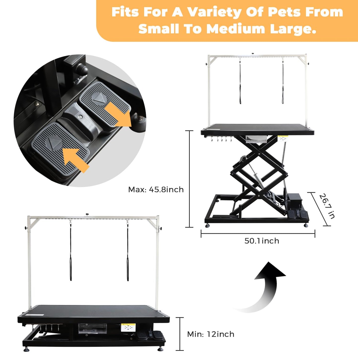UDSONFY Electric Pet Dog Grooming Table, 50" Heavy Duty Grooming Table Professional Double X-Lift for Large Dogs Adjustable Height: 12"-45.8" Non-slip, AC Outlets, Storage Tray, 2 Nooses, Black