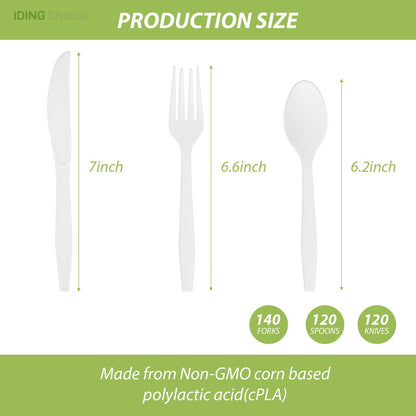 IDING Choice 380 Count Heavy Duty Compostable Cutlery Set 140 plastic forks 120 spoons 120 knives eco-friendly no plastic silverware compostable utensils for Weddings, Parties, Office, Camping, Picnic