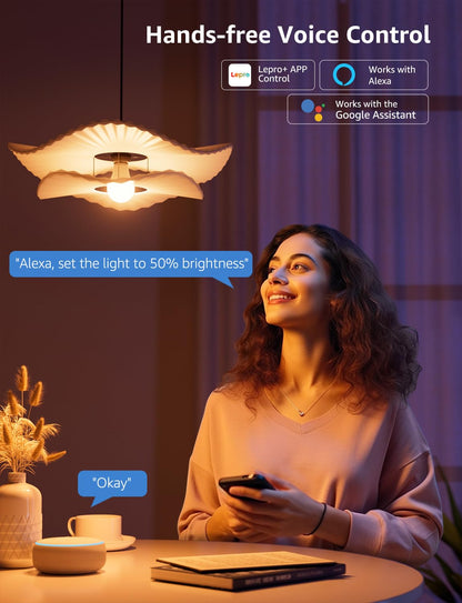 Lepro B1 AI Smart Light Bulbs - WiFi & Bluetooth RGBWW Color Changing LED Bulb Compatible with Alexa & Google Assistant, AI Generated Lighting LLM, AI Voice Control, Music Sync, 2.4GHz Only, 2 Pack