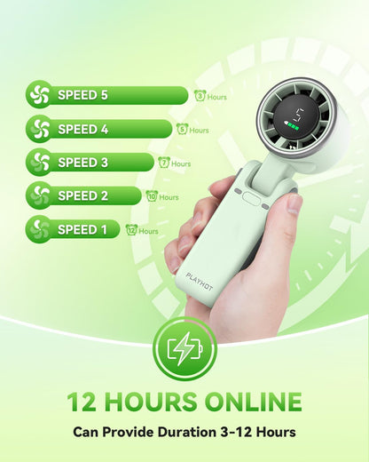 PlayHot Portable Handheld Turbo Fan - 5-Speed Wind, Battery Operated, 12-Hour Runtime | 3-in-1 Cooling Fan (Green)