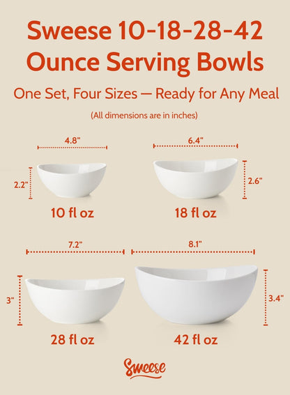 Sweese Porcelain Serving Bowls Set, 10-42 oz, Versatile for Salad, Soup, Snacks, Microwave Dishwasher Safe, White