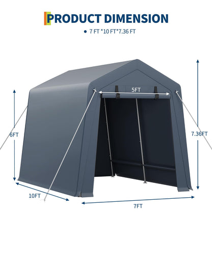 7 x 10 Ft Carport Portable Storage Shed Outdoor Tarp Sheds with Roll-Up Door, Bike Shed ATV Storage Tent for Motorcycle, Car, Garden Tools Grey