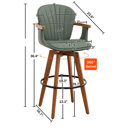 LUNLING 30” Bar Height Stools Set of 3.Mid Century Modern Bar Stools,Green PU Leather Kitchen Island Stools,Wood High Barstools Swivel with Back and Arms for Home Bar Furniture