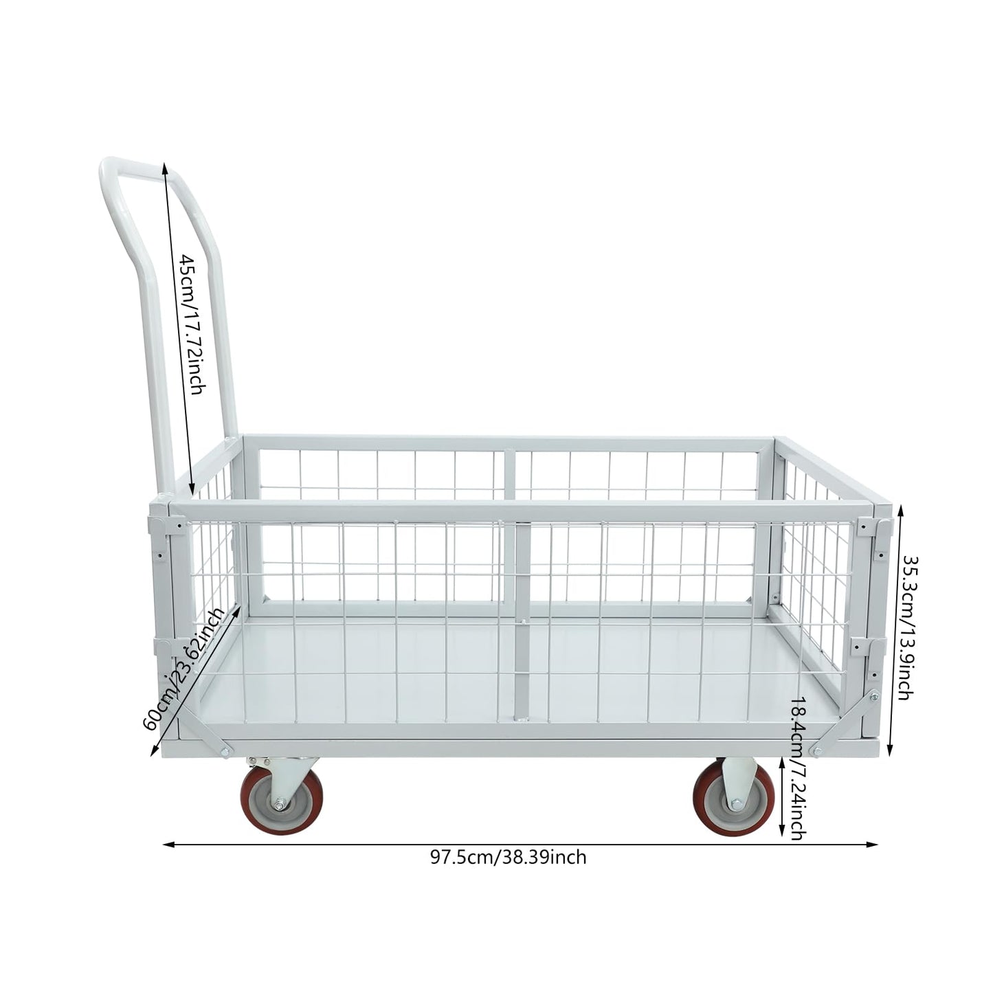 Platform Truck Cart, 4-in-1 Heavy Duty Flatbed Dolly with Detachable Wire Cage, Folding Utility Push Cart with 360° Swivel Casters, Steel Rolling Trolley for Warehouse Garage Transport Moving