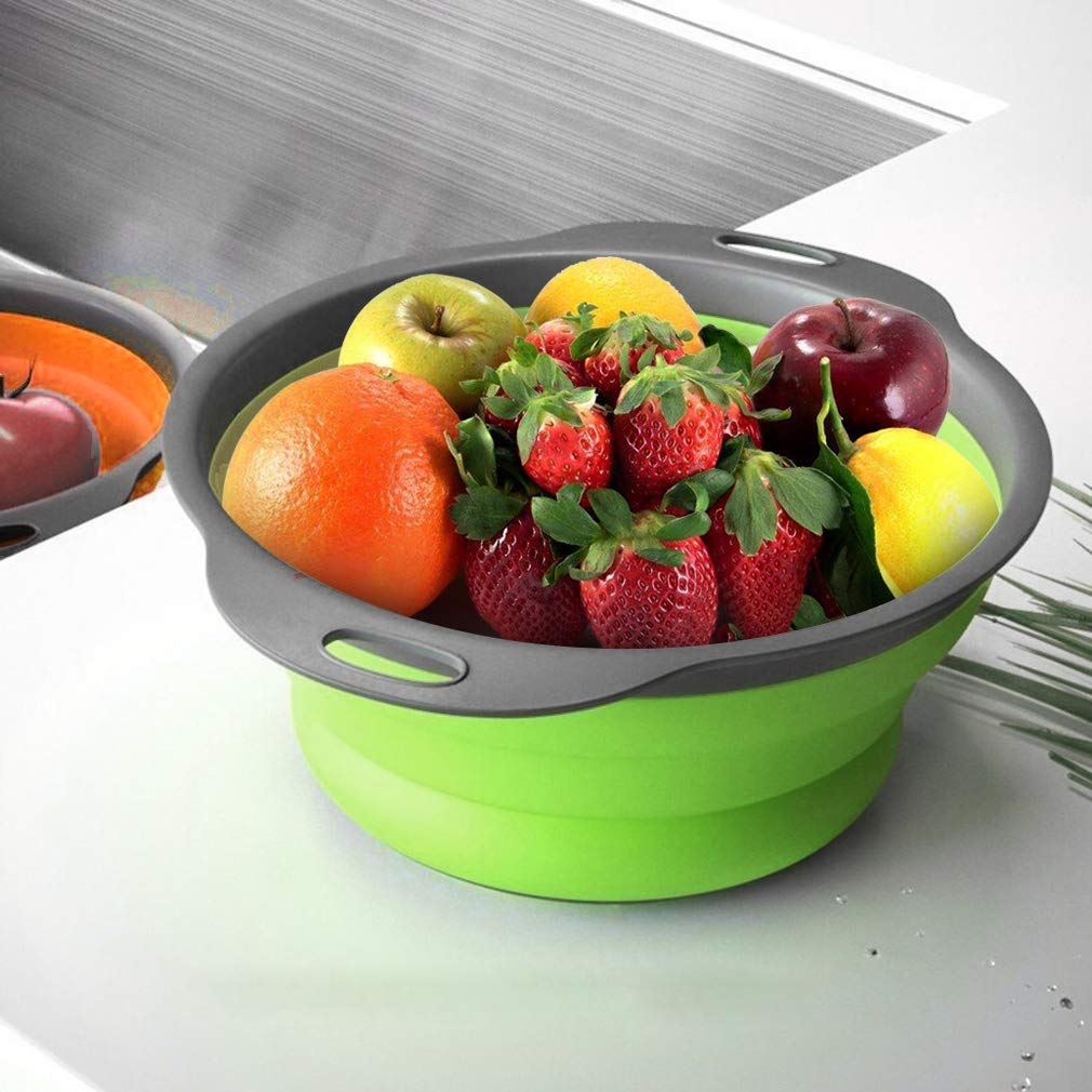 QiMH Collapsible Colander and Strainer Set of 4, 2 PC 4 Quart(1 gal) and 2 PC 2 Quart(0.5 gal), Food-grade Sturdy Plastic Base - Round Space-save Silicone Kitchen Foldable Strainer for Pasta, Veggies