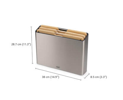 Joseph Joseph Folio Premium 3-Piece Bamboo Cutting Board Set, Stainless Steel Slimline Case for Organized Kitchen Storage