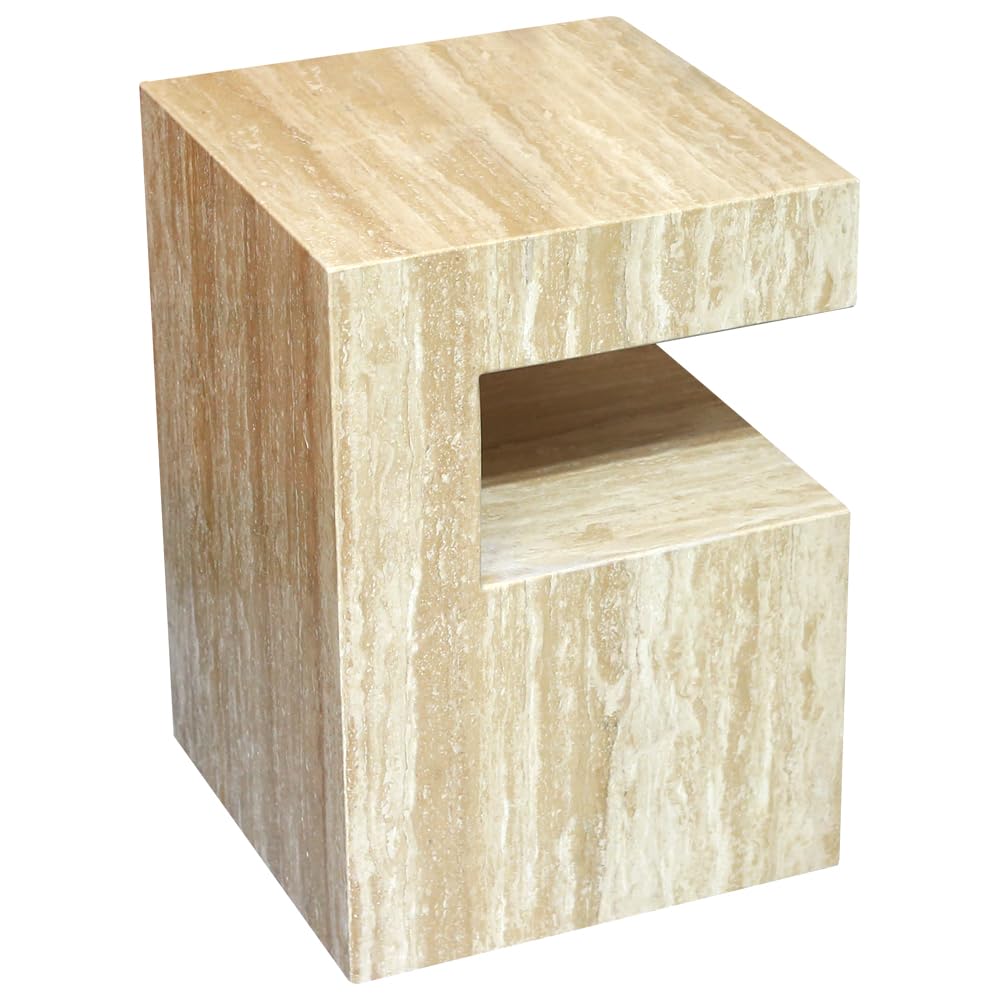 Italian Travertine C-Shaped End Table, Luxurious Natural Stone Coffee Table Suitable for for Living Room Bedroom Bathroom Small Spaces, No Installation Travertine Sofa Table for Modern Home Decor