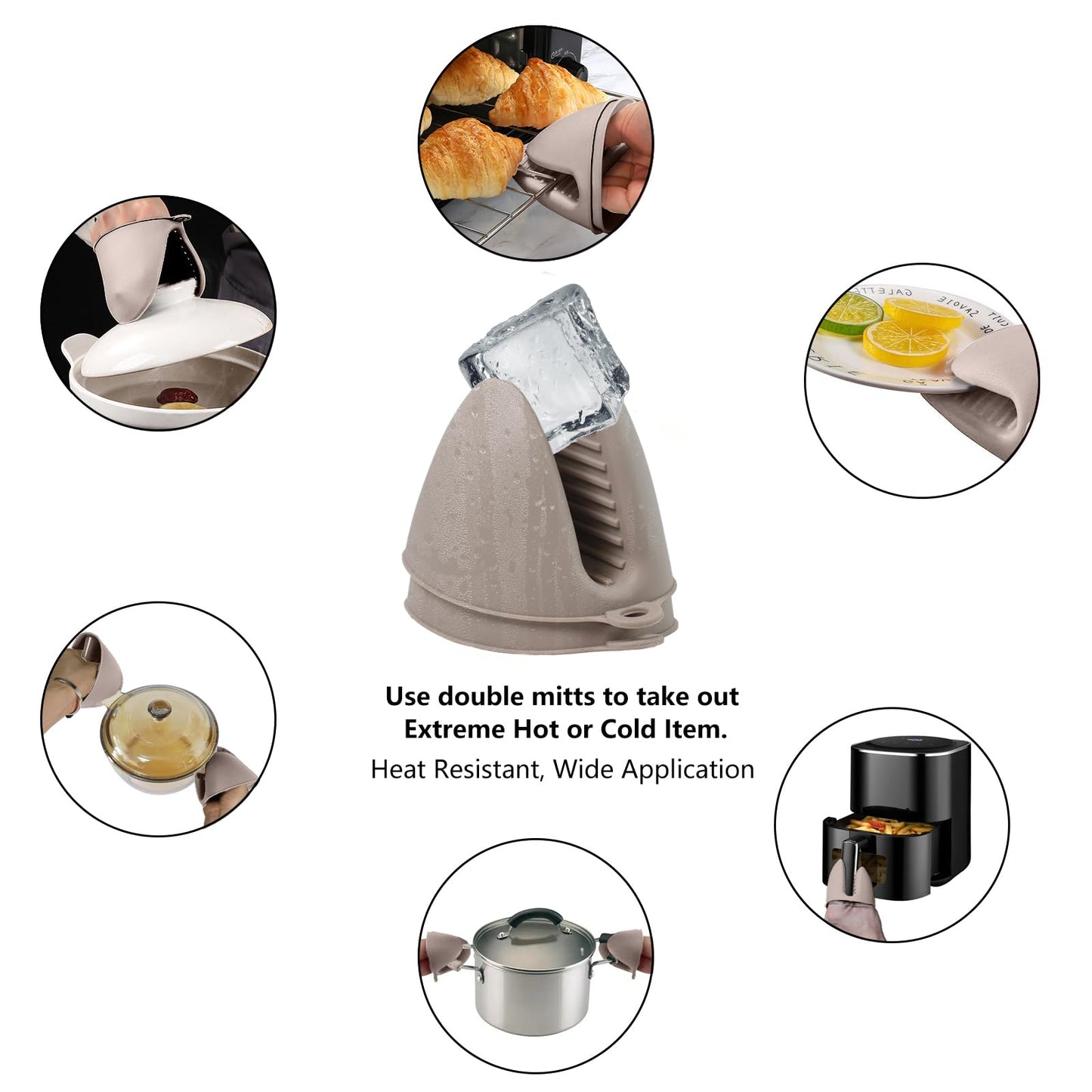 Silicone Oven Mitts Heat Resistant 3 Pair Mini Pot Pinch Grip- ChufanMomsil Short Cute Pot Holders Sets for Kitchen, Air Fryer, Baking, Small Silicone Rubber Oven Gloves Mittens, Khaki