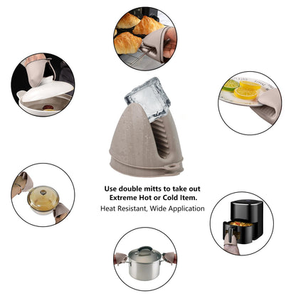 Silicone Oven Mitts Heat Resistant 3 Pair Mini Pot Pinch Grip- ChufanMomsil Short Cute Pot Holders Sets for Kitchen, Air Fryer, Baking, Small Silicone Rubber Oven Gloves Mittens, Khaki