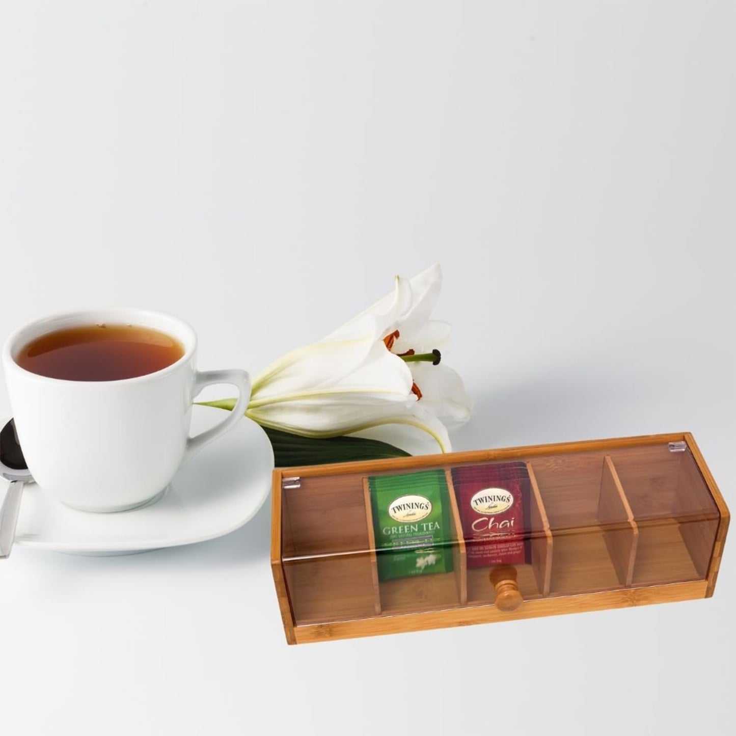 RRRICO Bamboo Tea Box with Clear Acrylic Lid – Tea Bag Organizer for Drawer Cabinet or Counter Tea Storage Box for Herbal Tea, Sugar Packets, Coffee Station Kitchen Tea Organizer with Compartments