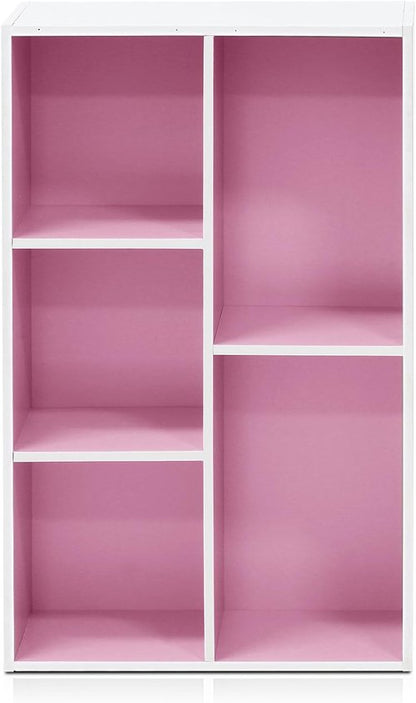 Furinno LUDER 5-Cube Bookshelf - Reversible Design, Easy Assembly | White/Pink, 9.4 x 19.5 x 31.5