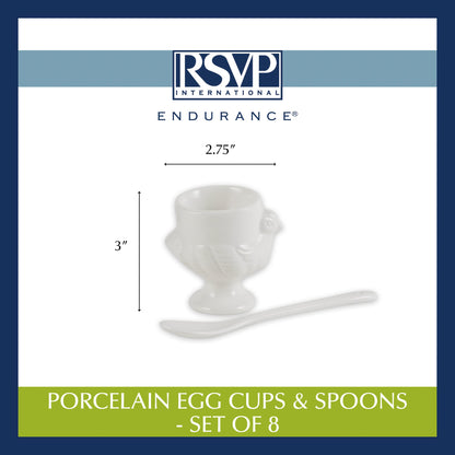 RSVP International Kitchen Accessories Collection Soft Boiled Egg, White Porcelain, Cup & Spoon Set, 8 Piece