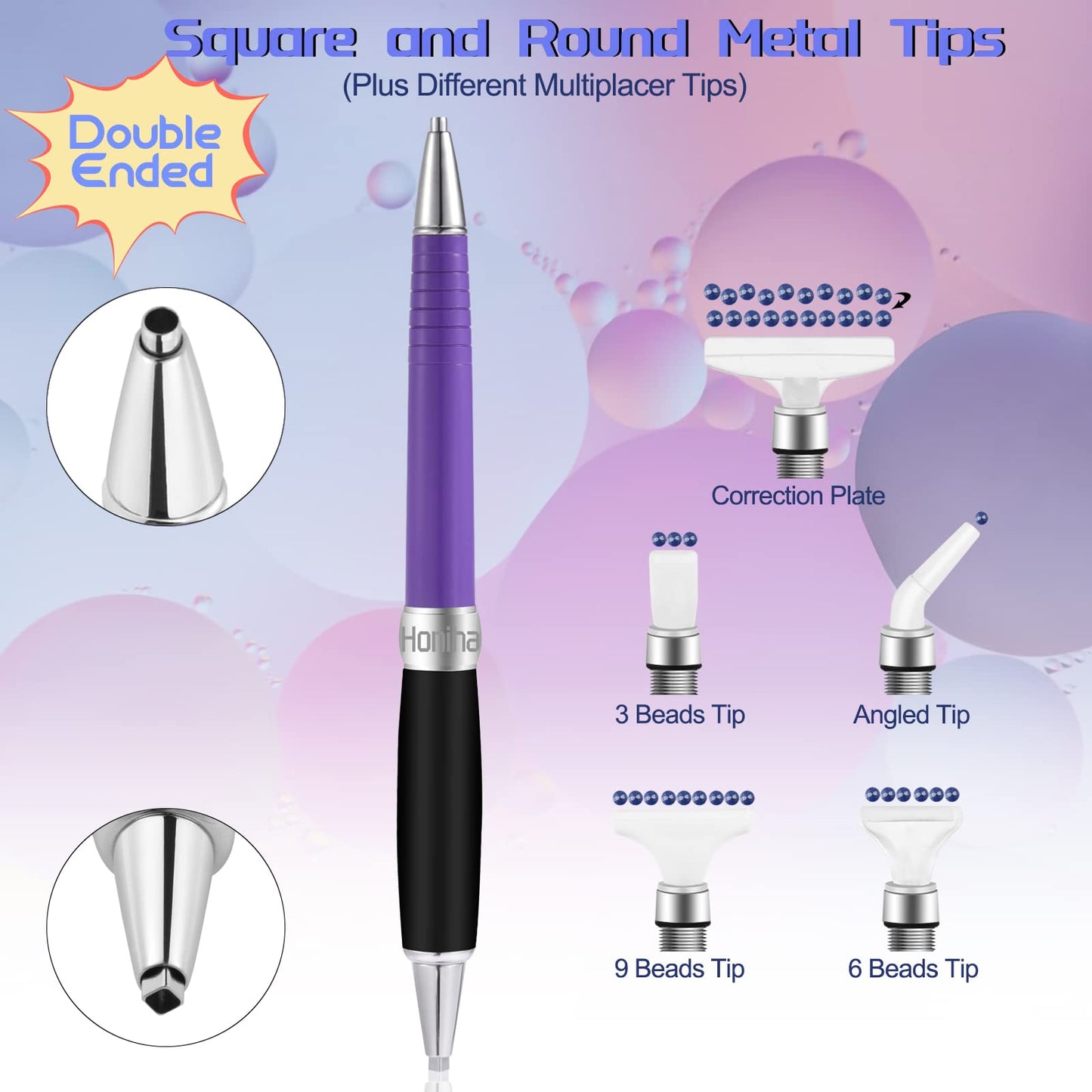 Square Diamond Art Painting Tools, Metal Drill Pens with Square and Round Drill Head Plus Multiplacer Tips, Comfort Grip 5D Diamond Art Painting Pen (Purple)