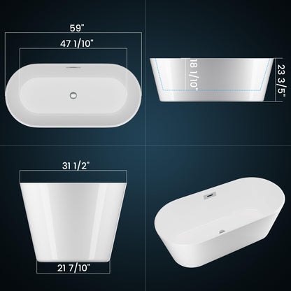 59 Inch Freestanding Bathtub, Acrylic Free Standing Bath Tub with Integrated Overflow & Drain, Modern Oval Stand Alone Tub for Home Spa, White