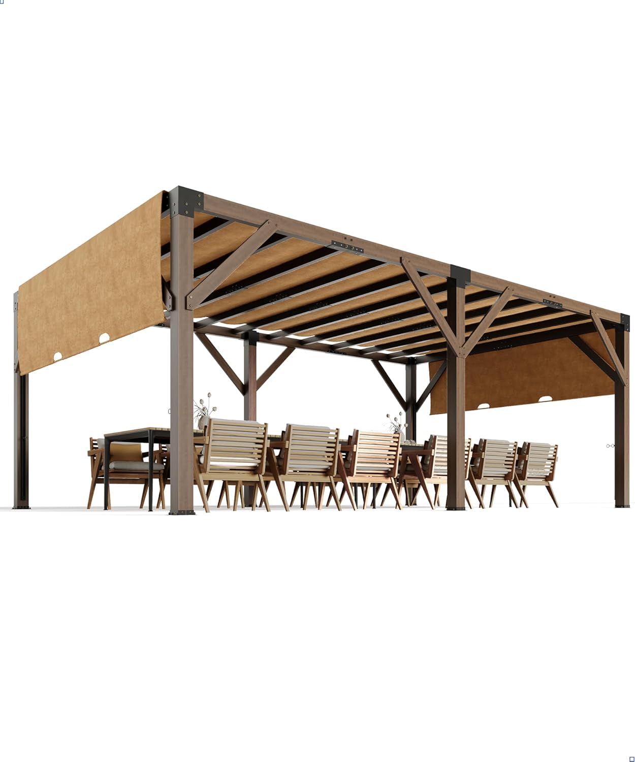 PeakPursuit Durable Cedar Wood Pergola with Retractable Canopy – 12 x 20 ft Sturdy Outdoor Patio Structure, Rot-Resistant, Modern Reddish-Brown Finish – Perfect for Backyard, Deck, Garden – Brown