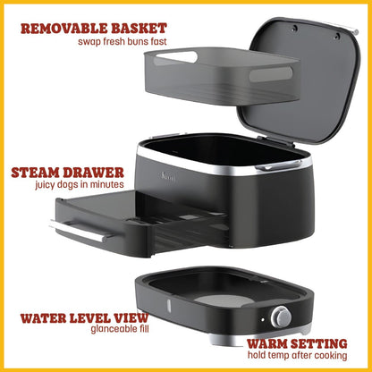 Kusini Hot Dog Steamer Machine With Bun Warmer, 24 Hot Dog & 12 Buns - Electric Food Steamer for Cooking Vegetables, Fish, & More - Unique Housewarming Gift Idea - Movie & Date Night Hosting Essential