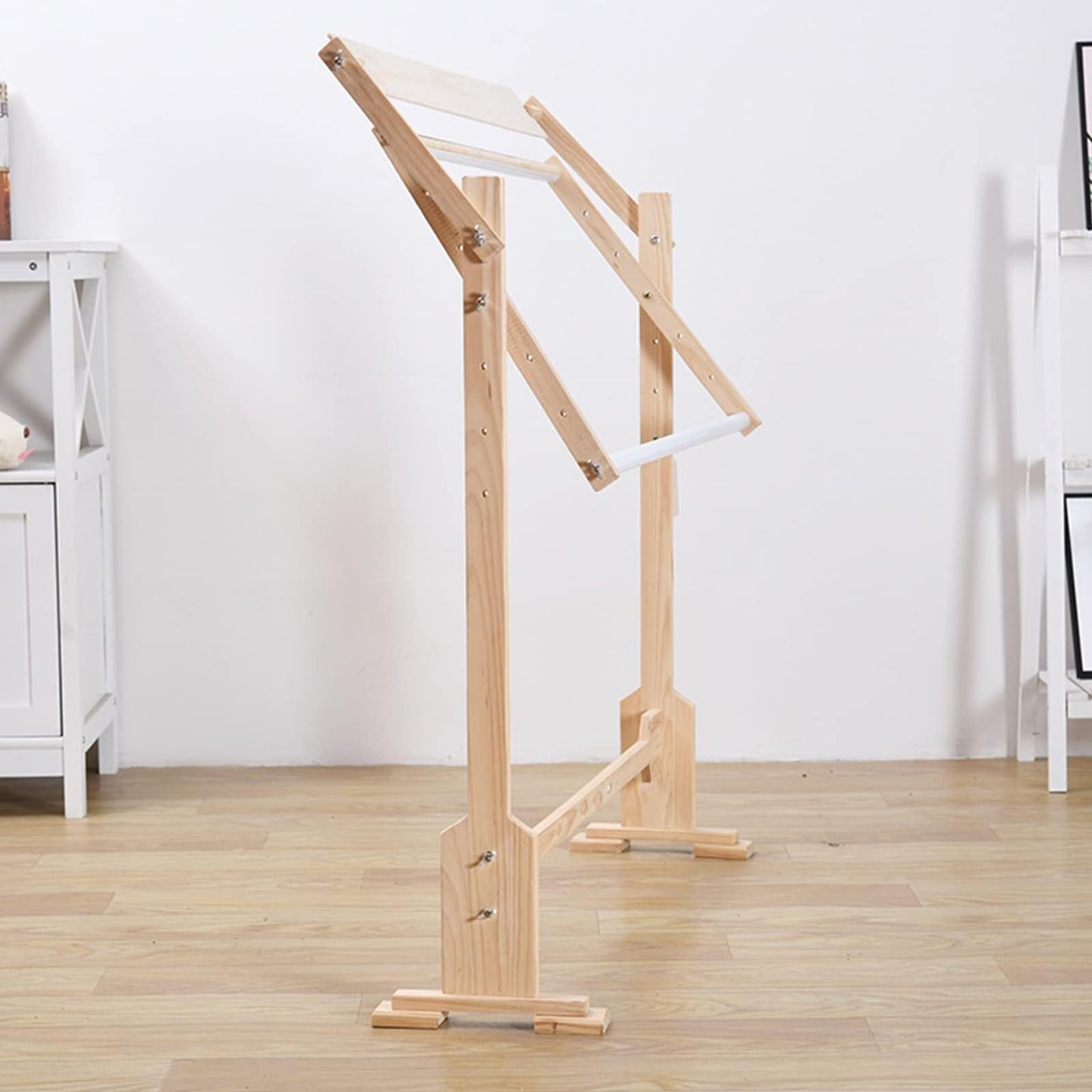 Embroidery Hoops Stand – 360° Adjustable Wooden Cross Stitch Frame, Needlework Floor Stand with Tool Box, Height & Width Adjustable