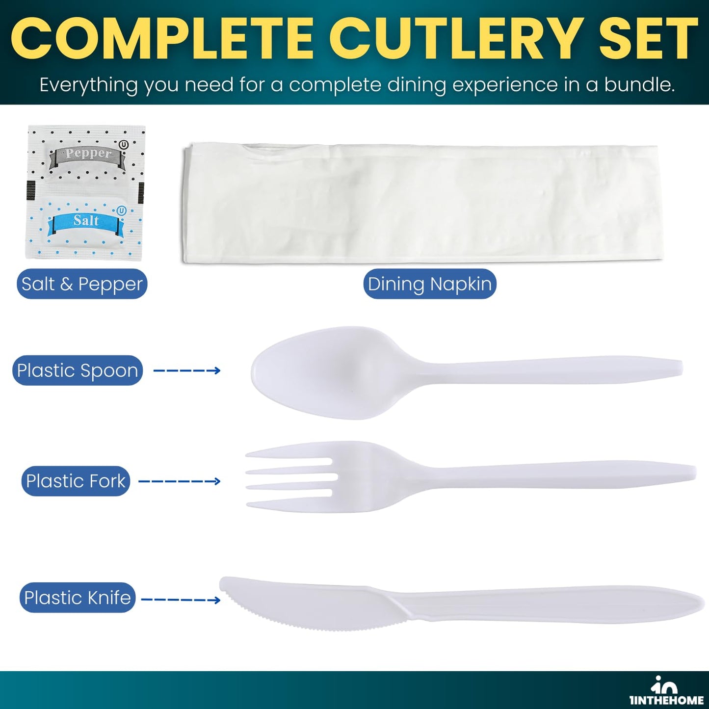 1InTheHome Cutlery Set Disposable, Plastic Wrapped Cutlery Kit (Knife/Fork/Teaspoon/Napkin/Salt and Pepper), Heavy Duty, 50 Pack