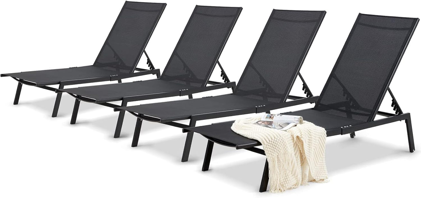 AECOJOY Patio Lounge Chairs for Outside, Adjustable Outdoor Chaise Lounge with Wheels and Adjustable 5-Position Recliner for Pool, Beach, Backyard, Deck, Lawn, Black, 4PCS