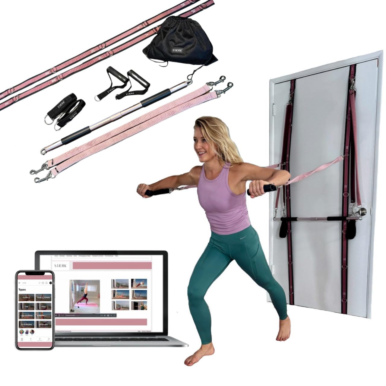 STAERK Starter Kit Portable Pilates Reformer Home Training System - Premium Resistance Bands, Handles, Foot/Ankle Loops, & Barre Attachment Kit - Strength & Flexibility - 30-Day Free On Demand Video Workouts