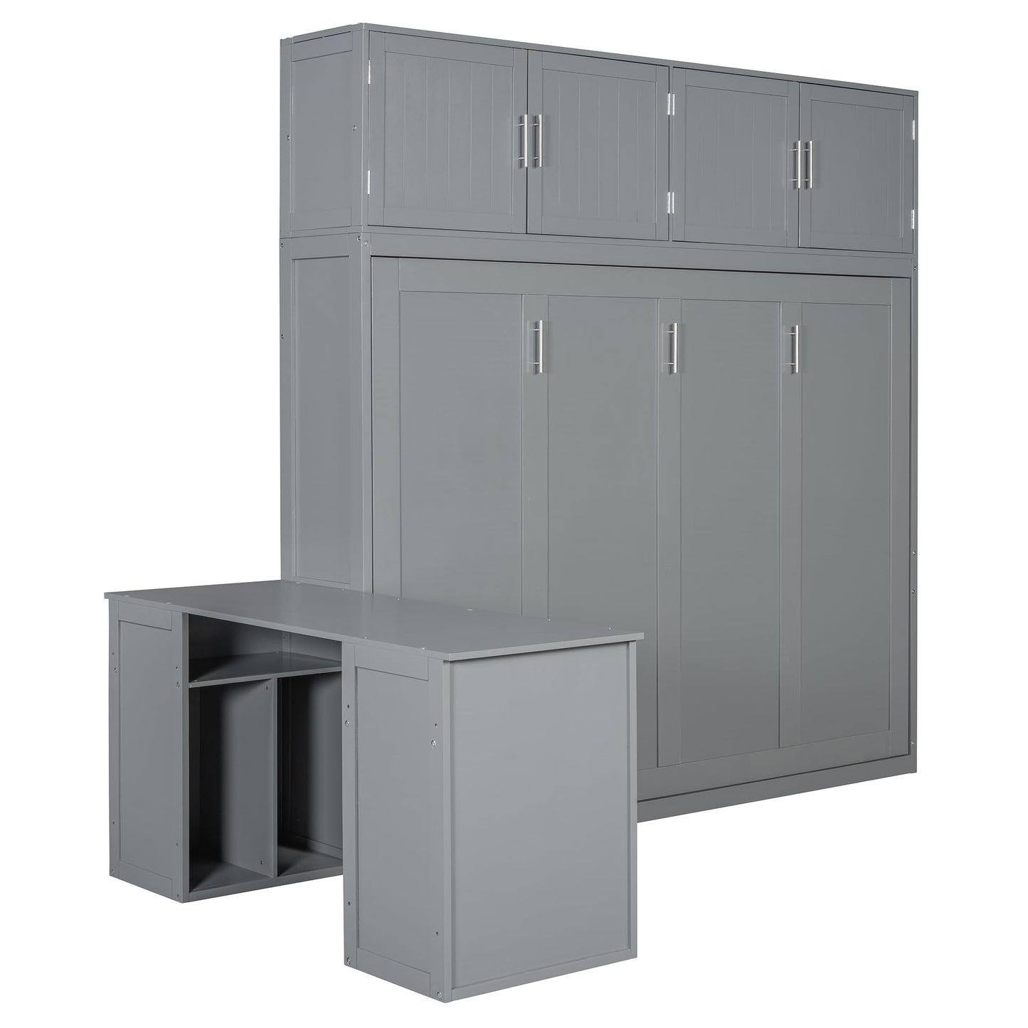 Merax Queen Size Wall Murphy Bed with Desk and Storage Shelves and Big Cabinets for Guest Room, Bed Room, Guest Room, Home Office, Gray