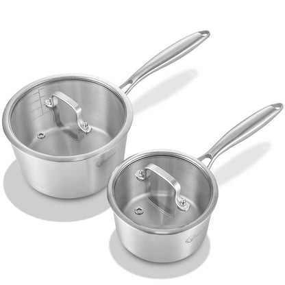 LOLYKITCH Tri-Ply Stainless Steel Saucepan Set with Glass Lids, 1QT & 3QT Cooking Pots, Uncoated Heavy Bottom Metal Sauce Pans for Induction Cooktop, Ergonomic Handle