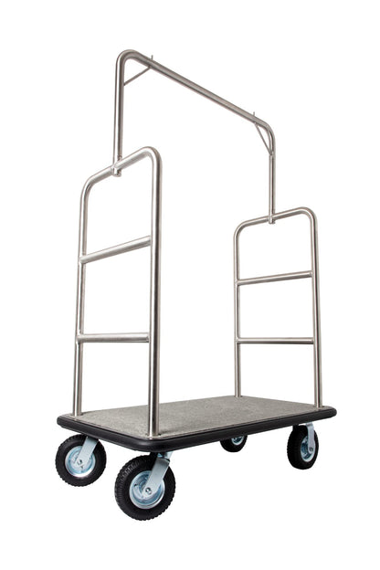 Wholesale Hotel Products Stainless Steel Luggage Cart – 1200lb Capacity – Hotel Bellman Heavy Duty Cart w/ 1.5” Welded Steel Frame, Grey Carpeted Deck & Rubber Wheels, for Travel & Outdoor Use