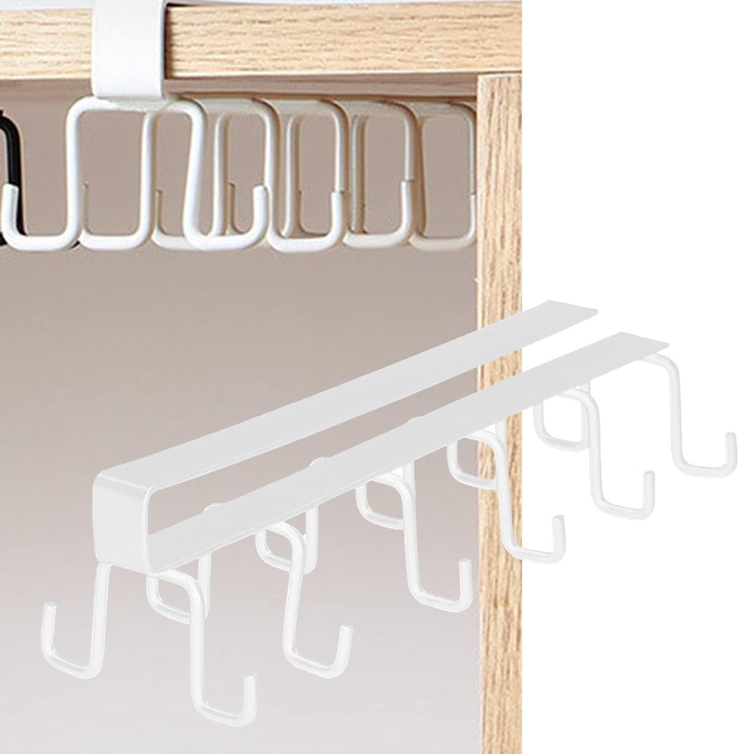 Kitchen Utensil Hanging Cups Storage Hooks with 6 Hooks, Under Cabinet Closet Cup Holder Hanger Hook Rack (White)