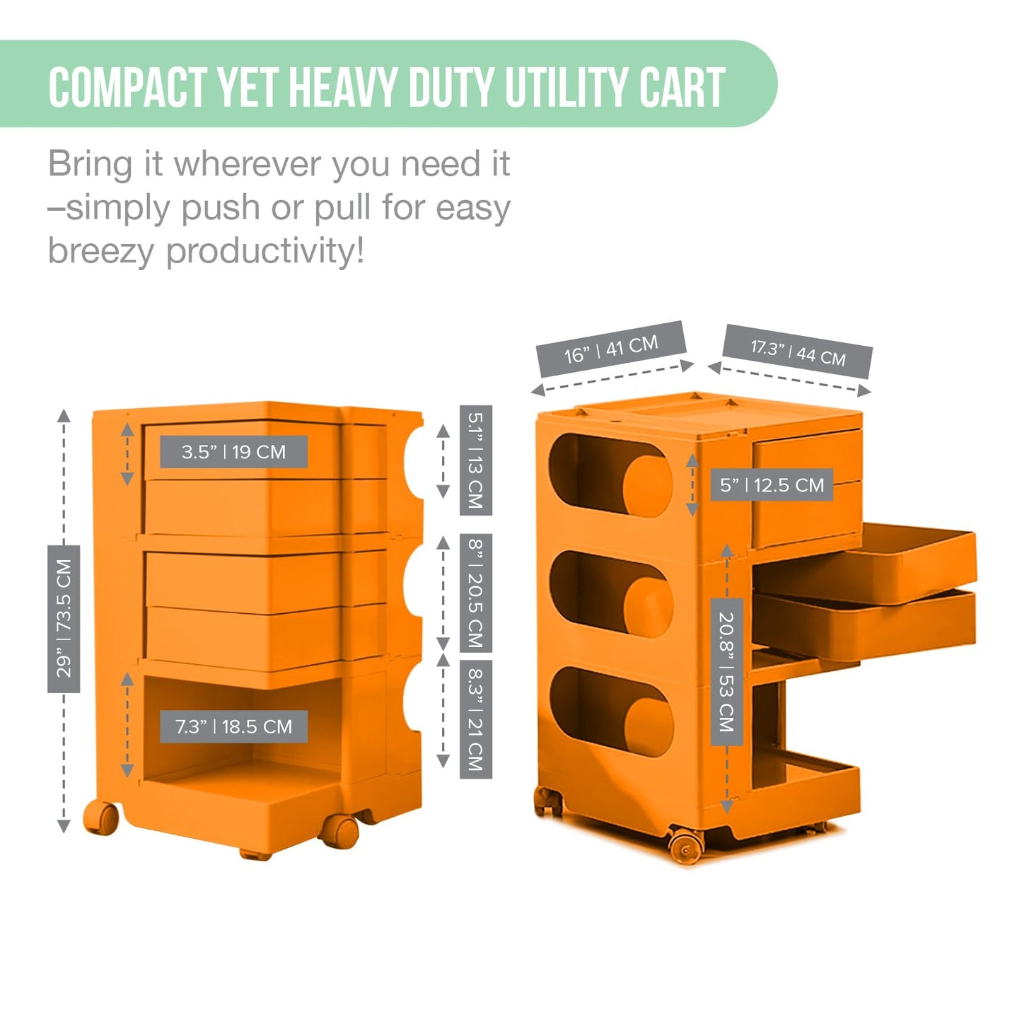 Multipurpose Utility Storage Cart - Industrial Storage with Wheels and Slide Out Drawers - Professional Trolley Cart - Portable Caddy for Salon Supplies, Kitchen Needs, Medical Tools - Tropical Orange