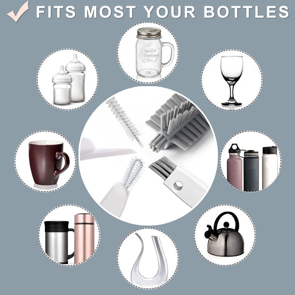 Bottle Cleaning Brush Set, 3pcs Long Handle Silicone Cleaner Brushes + Thermos Lid Cup Brush + Drinking Straw Brush