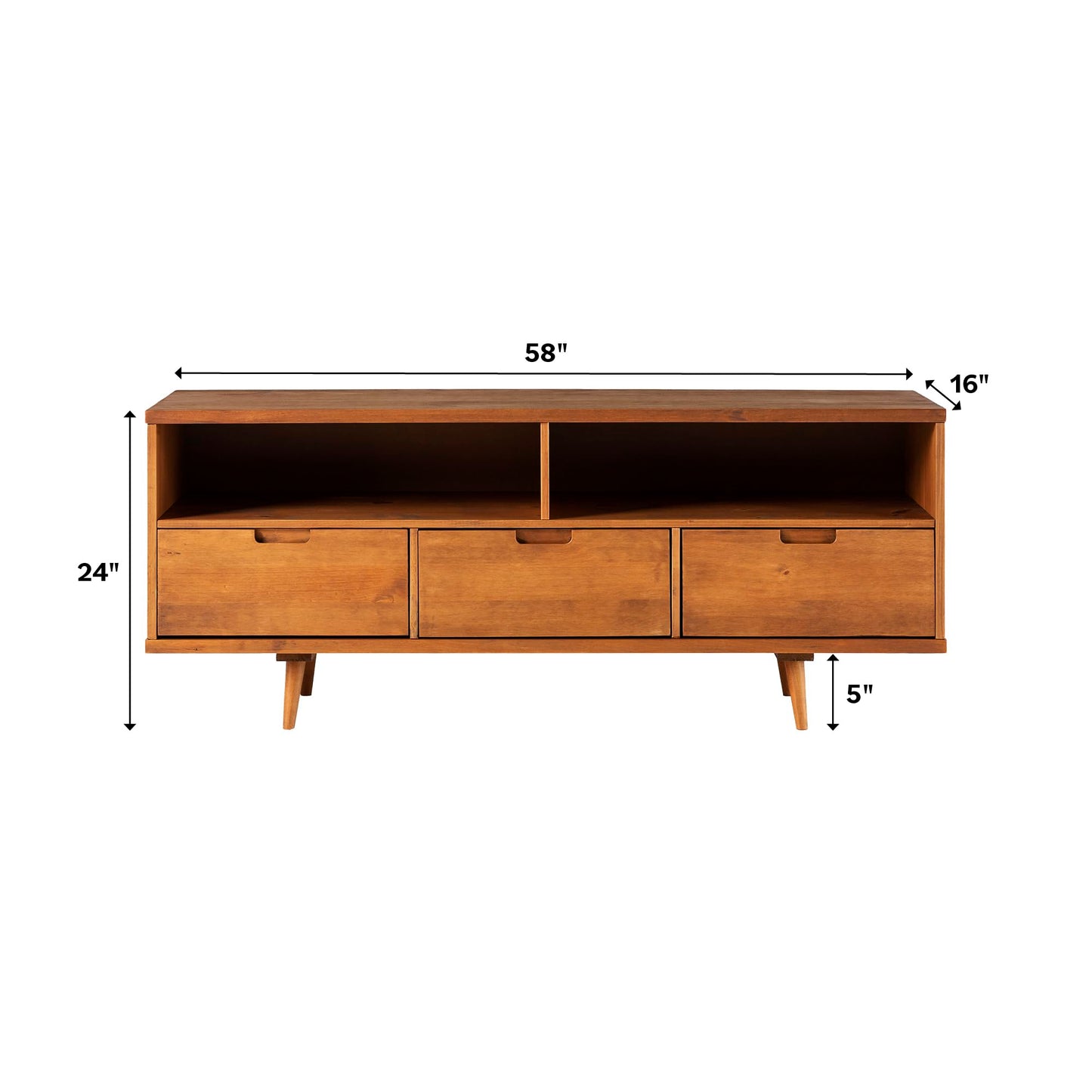 Walker Edison 3-Drawer Mid Century Modern Wood TV Stand for TV's up to 65" Flat Screen Cabinet Door Living Room Storage Entertainment Center, 58 Inch, Caramel