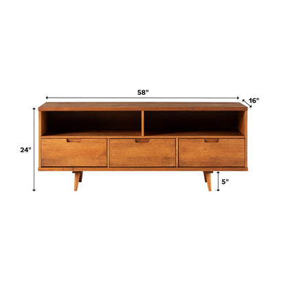 Walker Edison 3-Drawer Mid Century Modern Wood TV Stand for TV's up to 65" Flat Screen Cabinet Door Living Room Storage Entertainment Center, 58 Inch, Caramel