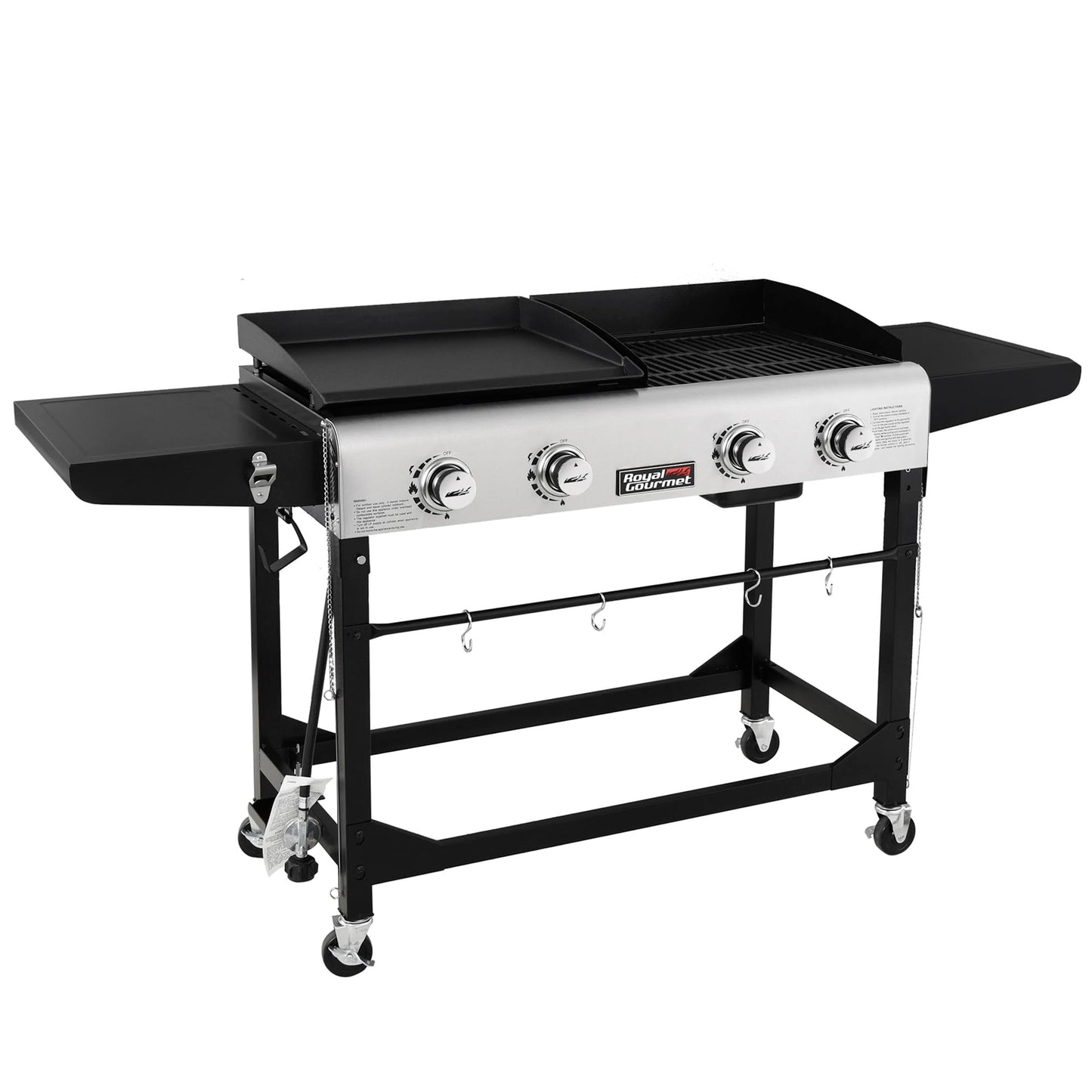 Royal Gourmet GD401 Portable Propane Gas Grill and Griddle Combo with Side Table | 4-Burner, Folding Legs,Versatile, Outdoor | Black 66 Inch