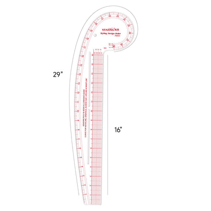 KEARING 29" Curve & 16" Straight Styling Design Marking Ruler, Clear Acrylic Hip French Curve Ruler Vary Form Curve Ruler for Sewing Pattern Making, 4 Rulers in 1 Transparent Fashion Designer's Ruler