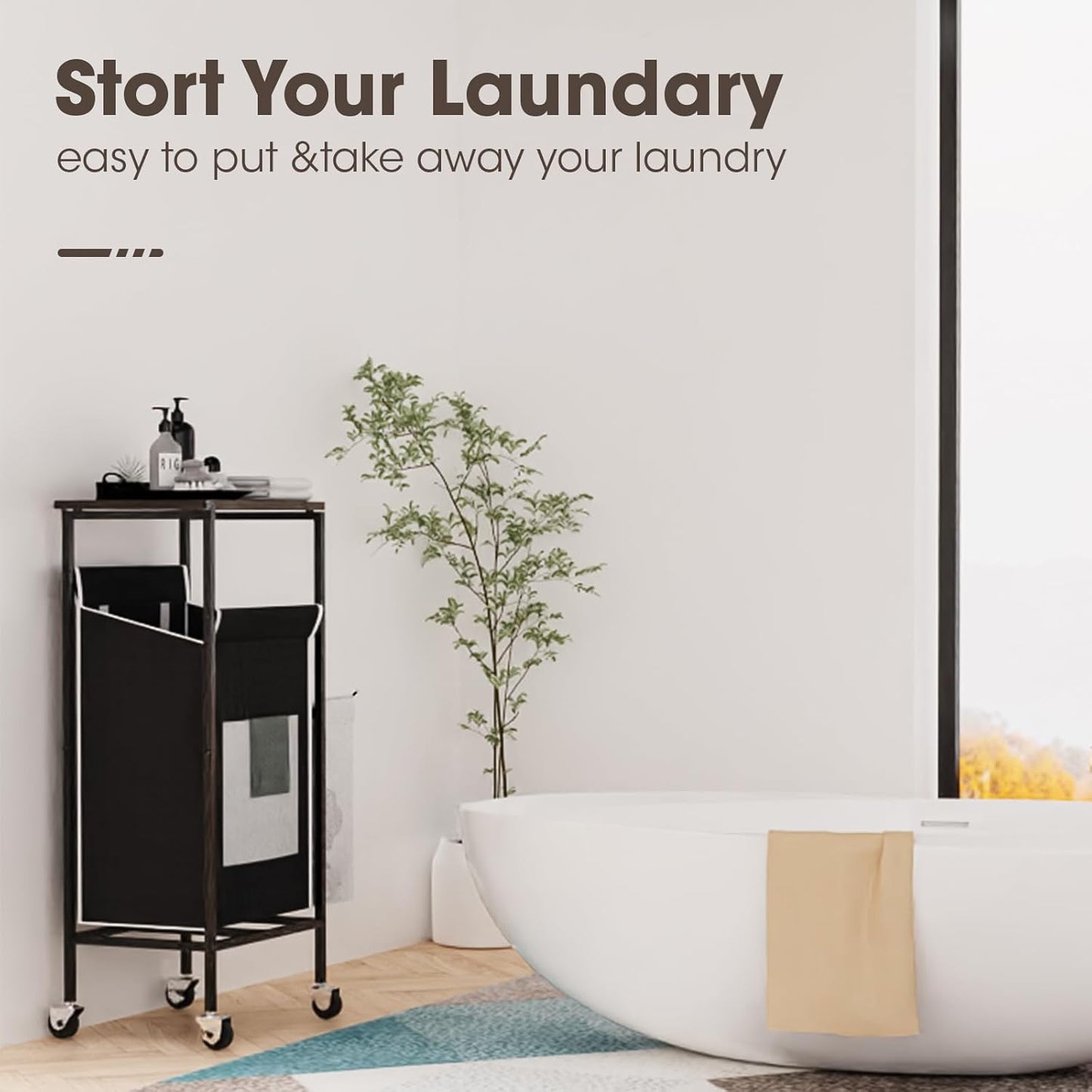 Laundry Hamper with Lid,Rolling Laundry Basket with Wheels,Metal Frame Sorter with Top Shelf and Removable Launddry